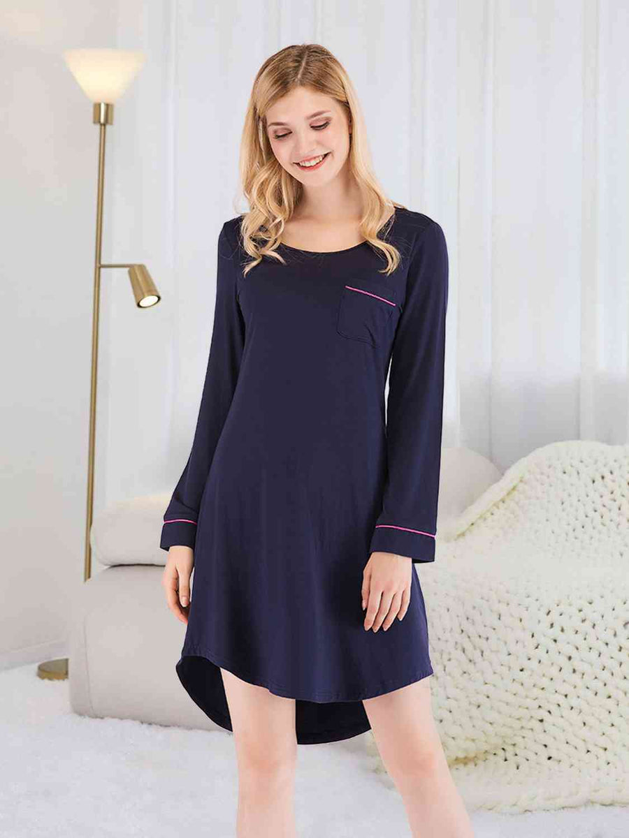 Zip Up Slit Round Neck Night Dress with Pockets main image 1