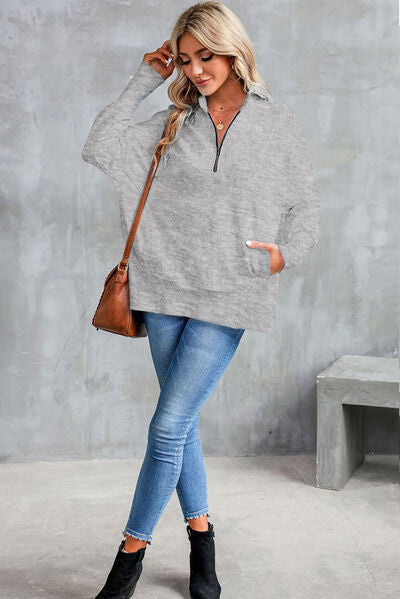 Half Zip Pocketed Dropped Shoulder Sweatshirt - Charming Charlie