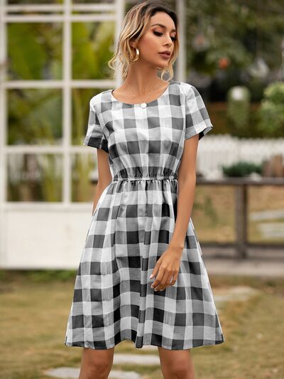 Smocked Plaid Round Neck Short Sleeve Dress - Charming Charlie