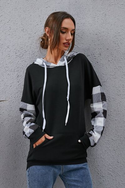 Plaid Drawstring Dropped Shoulder Hoodie - Charming Charlie