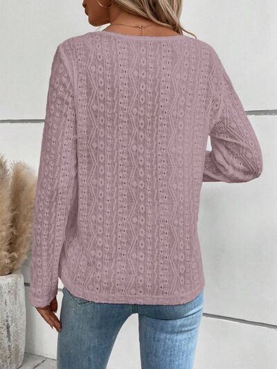 Openwork Half Button Long Sleeve Blouse - Charming Charlie