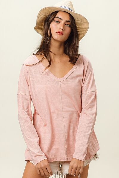 BiBi Exposed Seam V-Neck Long Sleeve T-Shirt - Charming Charlie
