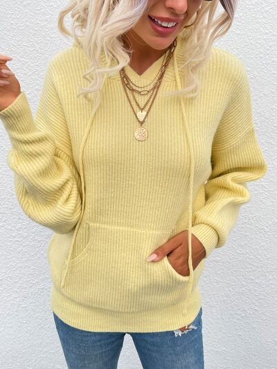 Drawstring Dropped Shoulder Hooded Sweater - Charming Charlie