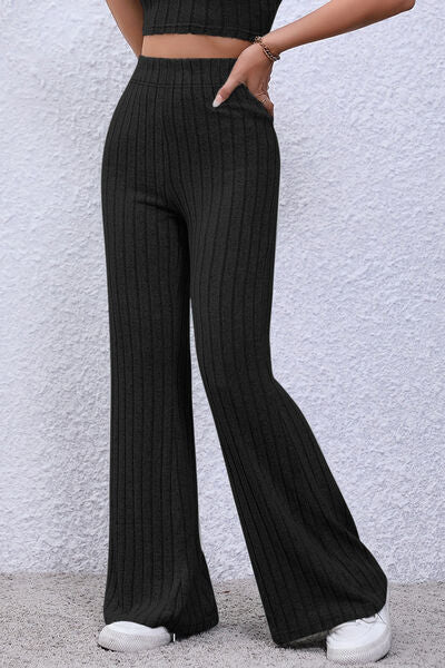 Basic Bae Full Size Ribbed High Waist Flare Pants - Charming Charlie