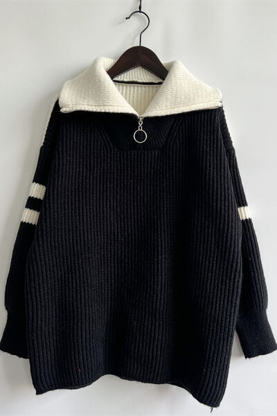 Quarter Zip Striped Dropped Shoulder Sweater - Charming Charlie