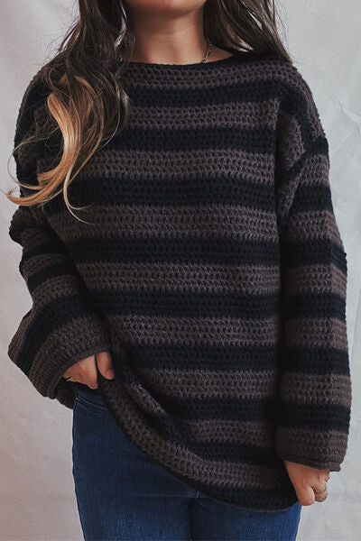 Striped Round Neck Dropped Shoulder Sweater - Charming Charlie