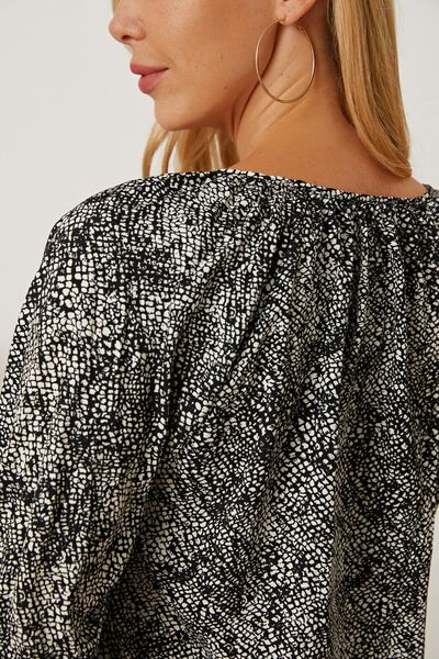 Printed Tie Neck Lantern Sleeve Blouse - Charming Charlie