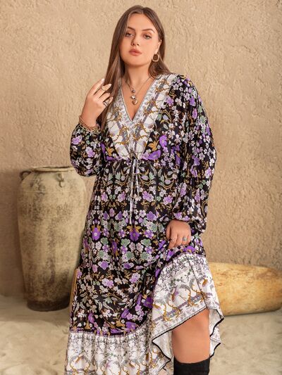Plus Size V-Neck Balloon Sleeve Printed Midi Dress - Charming Charlie