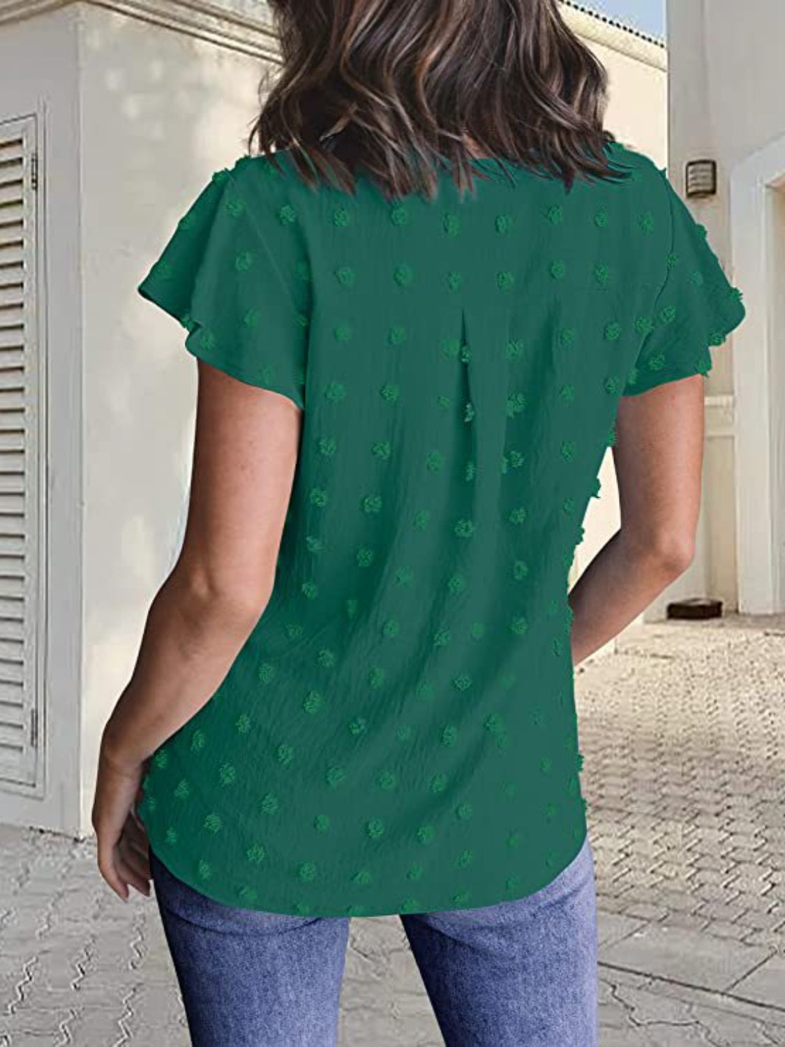 Swiss Dot Notched Cap Sleeve Blouse - Charming Charlie