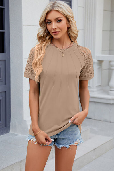 Openwork Round Neck Short Sleeve T-Shirt - Charming Charlie