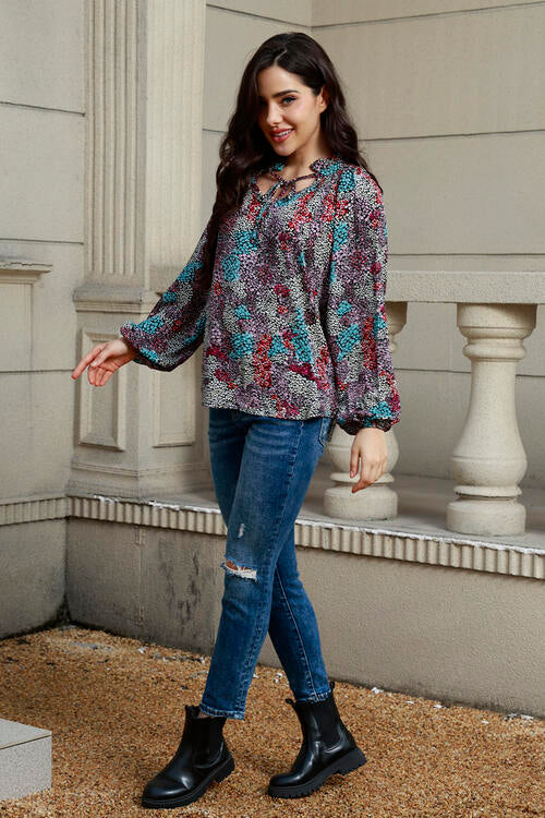 Tie Neck Heathered Balloon Sleeve Blouse - Charming Charlie