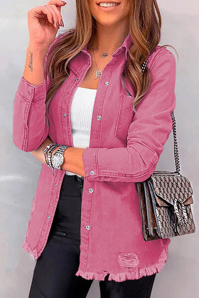 Distressed Raw Hem Snap Down Denim Jacket - Charming Charlie