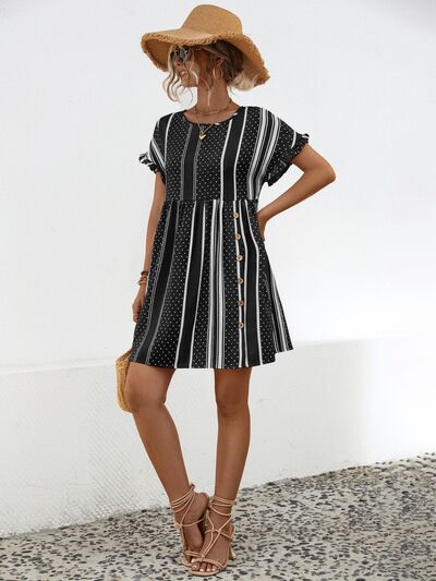 Striped Polka Dot Frill Short Sleeve Mini Dress - Charming Charlie