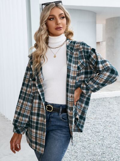 Plaid Snap Down Hooded Jacket - Charming Charlie
