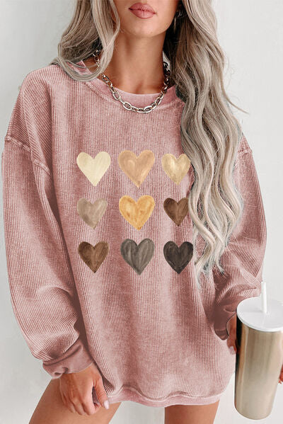 Heart Round Neck Dropped Shoulder Sweatshirt - Charming Charlie