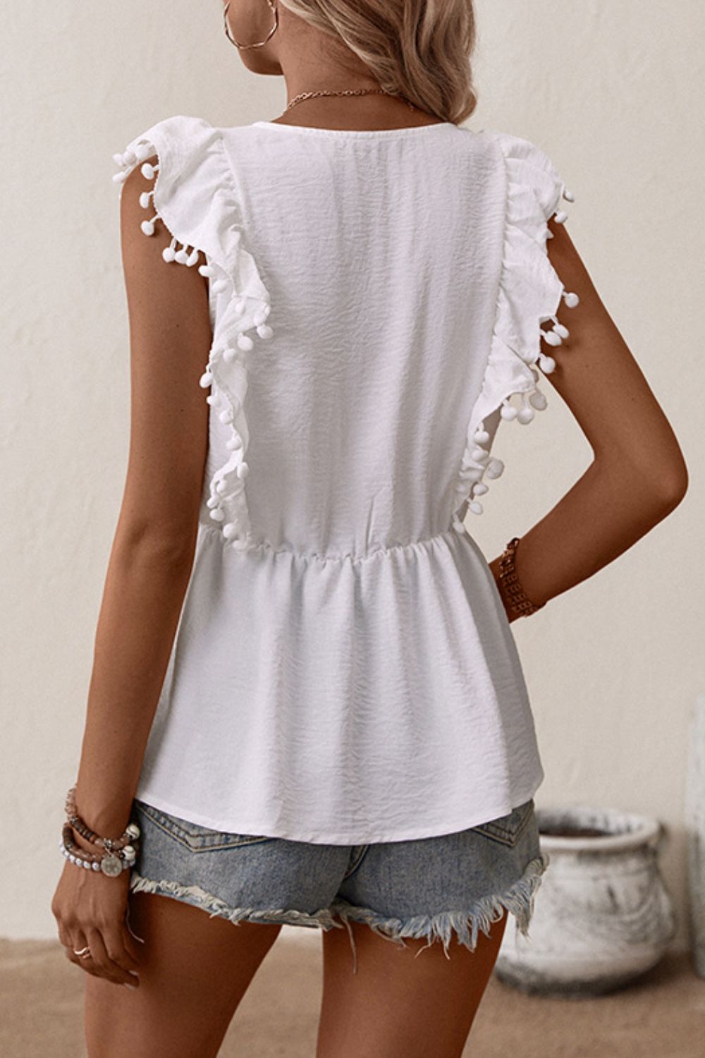 Embroidered Pom-Pom Trim Cap Sleeve Babydoll Top - Charming Charlie