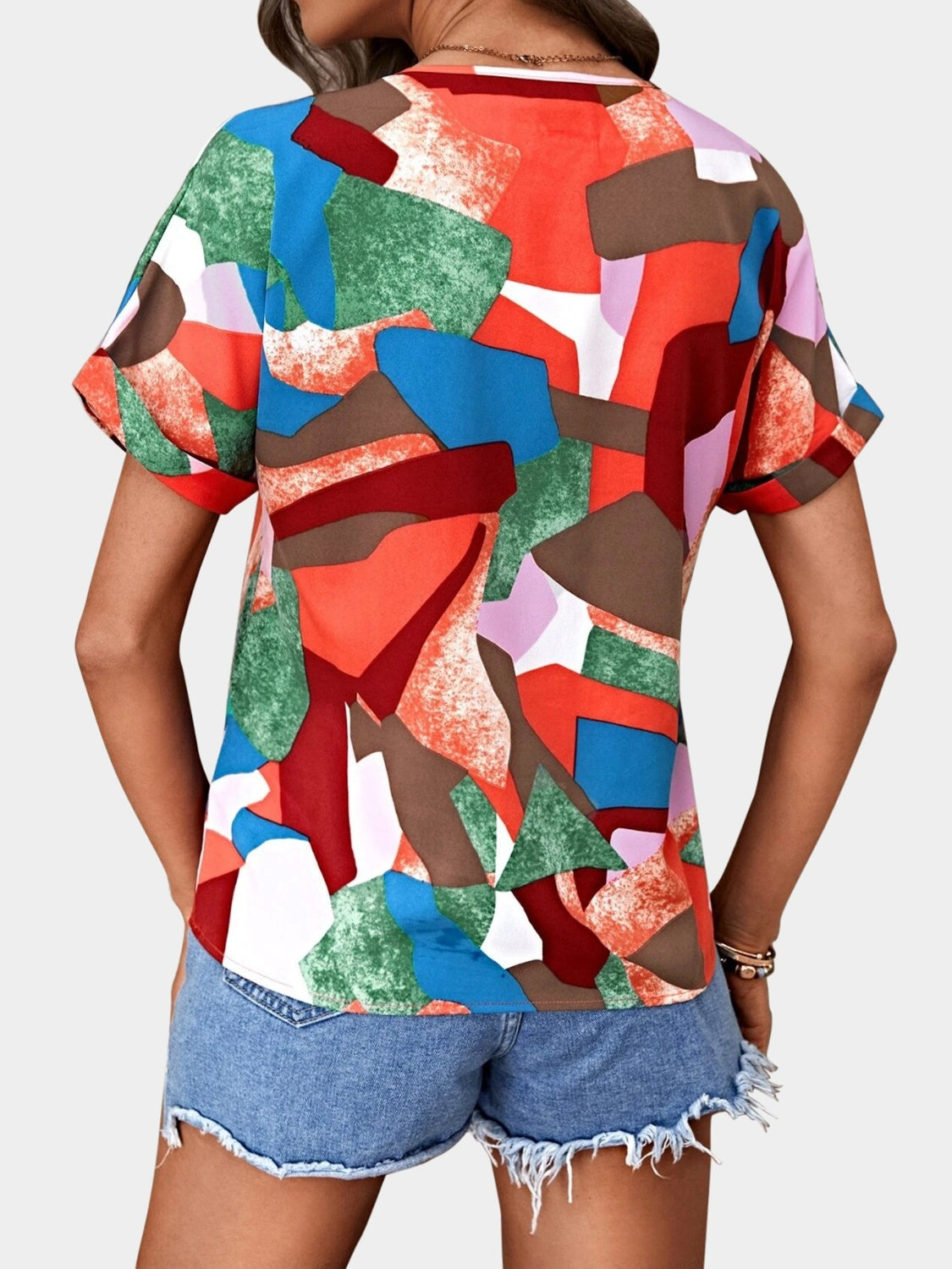 Printed V-Neck Short Sleeve Blouse - Charming Charlie