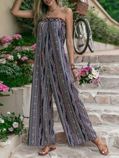 Tied Printed Tube Wide Leg Jumpsuit - Charming Charlie
