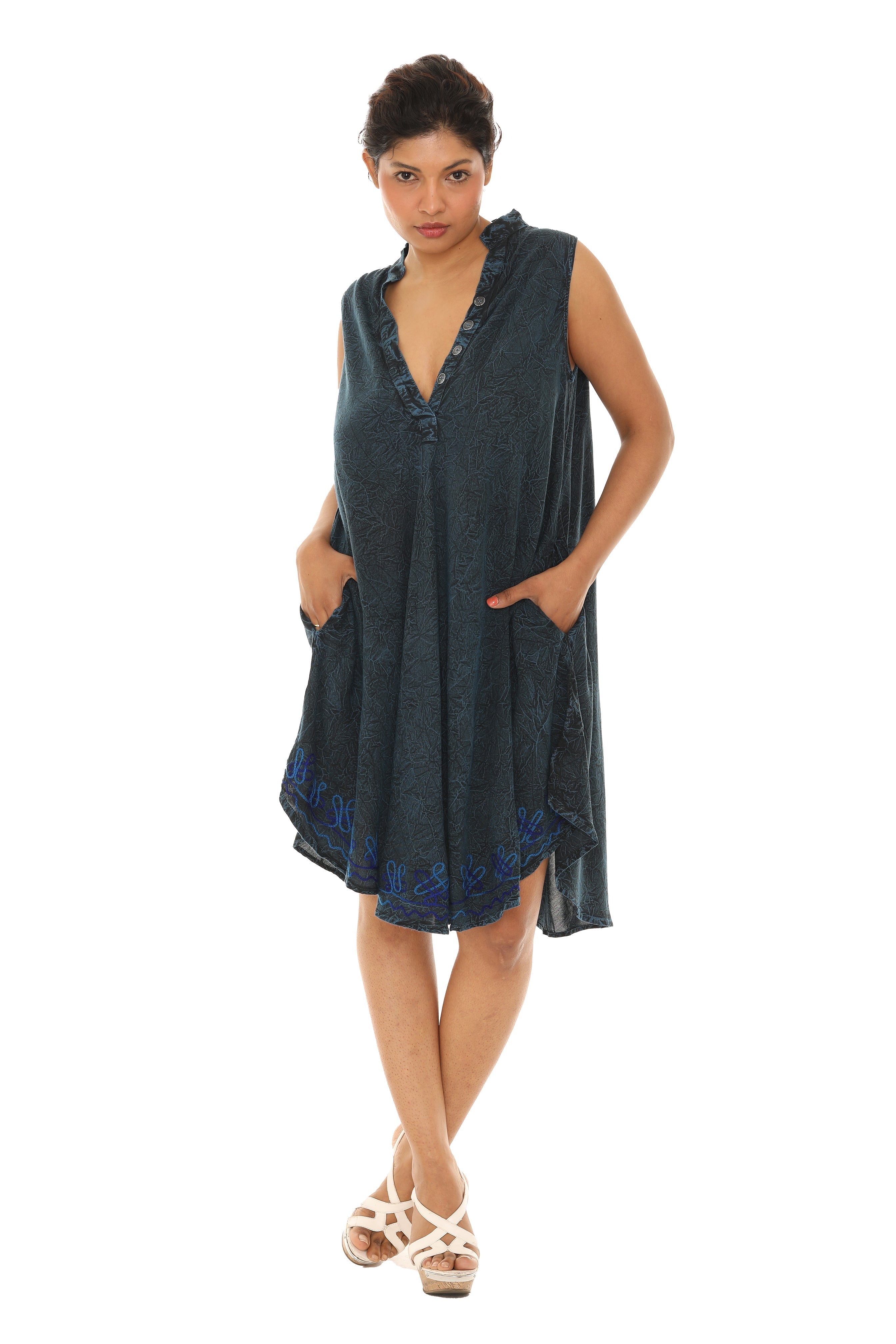 Acid Wash Button-Front Sleeveless Dress - Shoreline Wear, Inc.