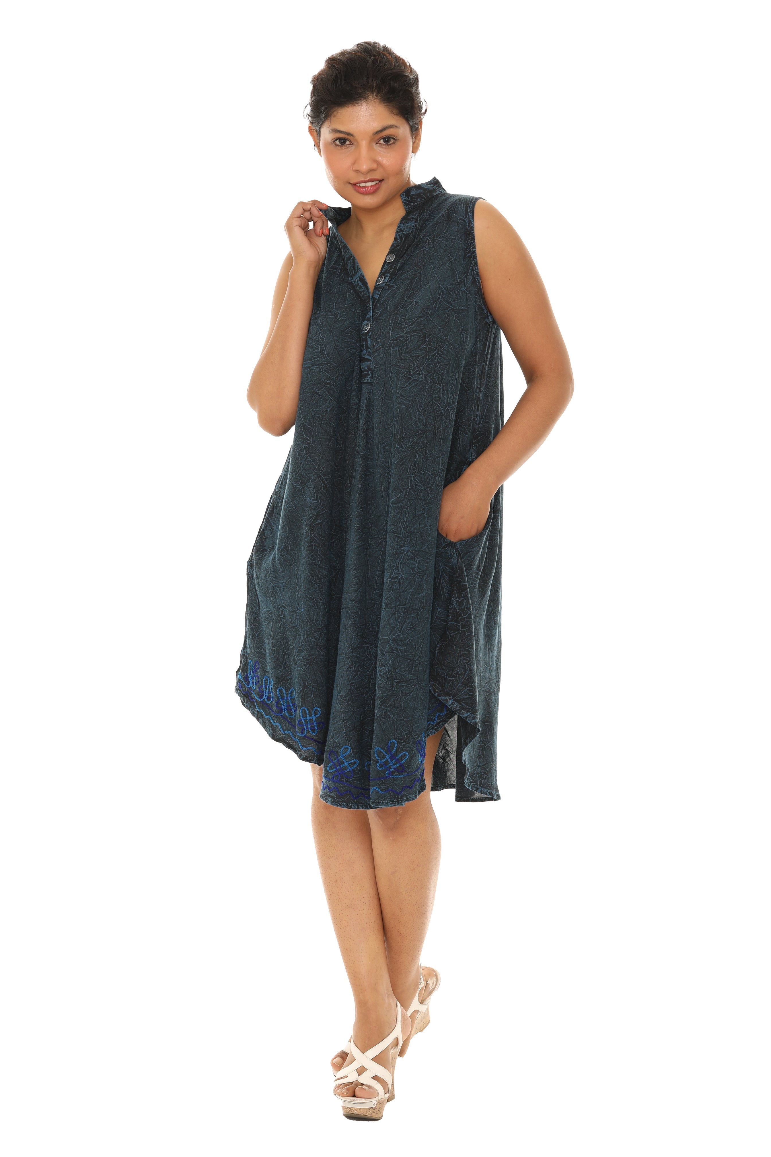 Acid Wash Button-Front Sleeveless Dress - Shoreline Wear, Inc.