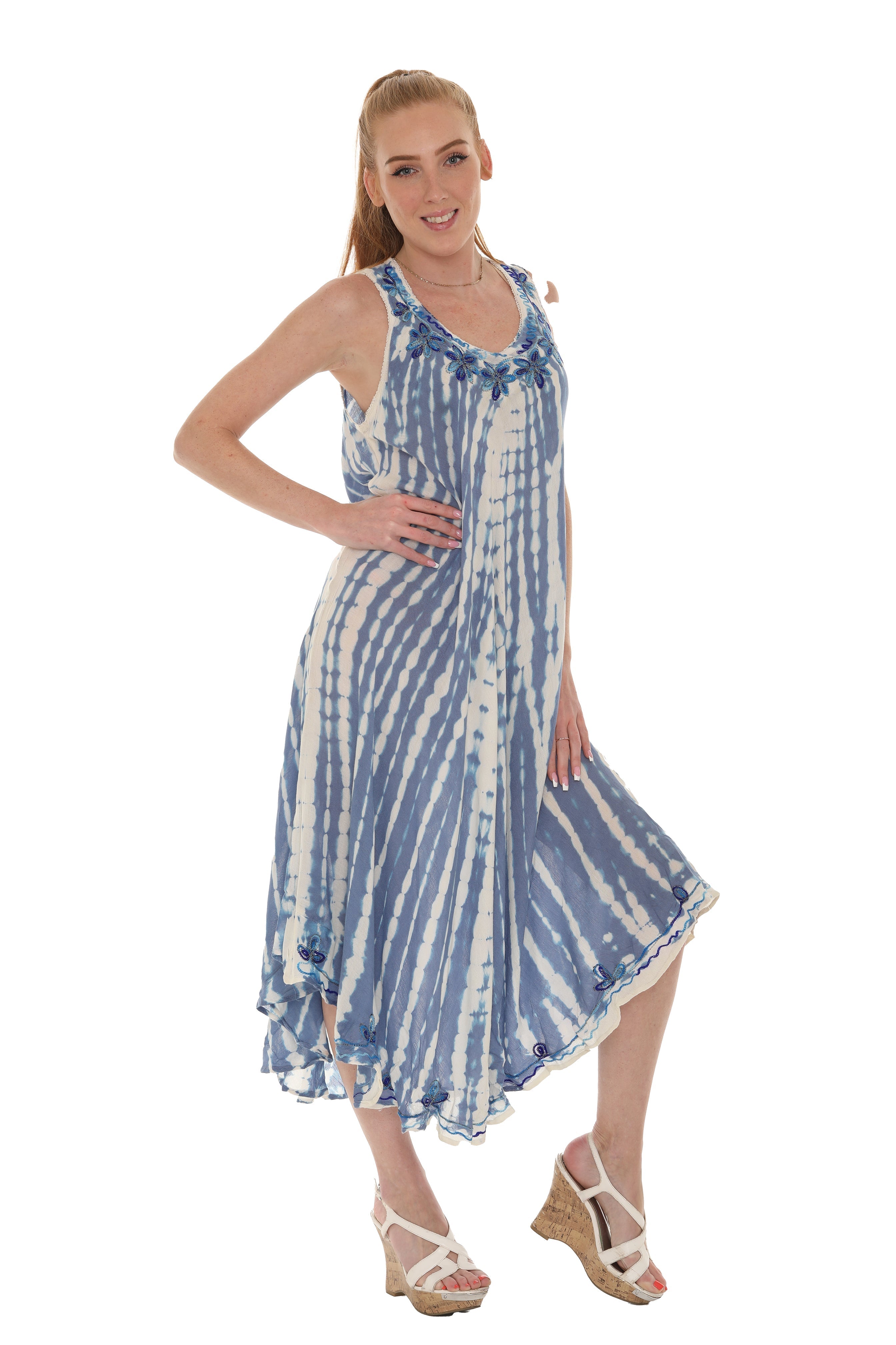 Tie-Dye With Embroidery Neckline Rayon Sundress - Shoreline Wear, Inc.