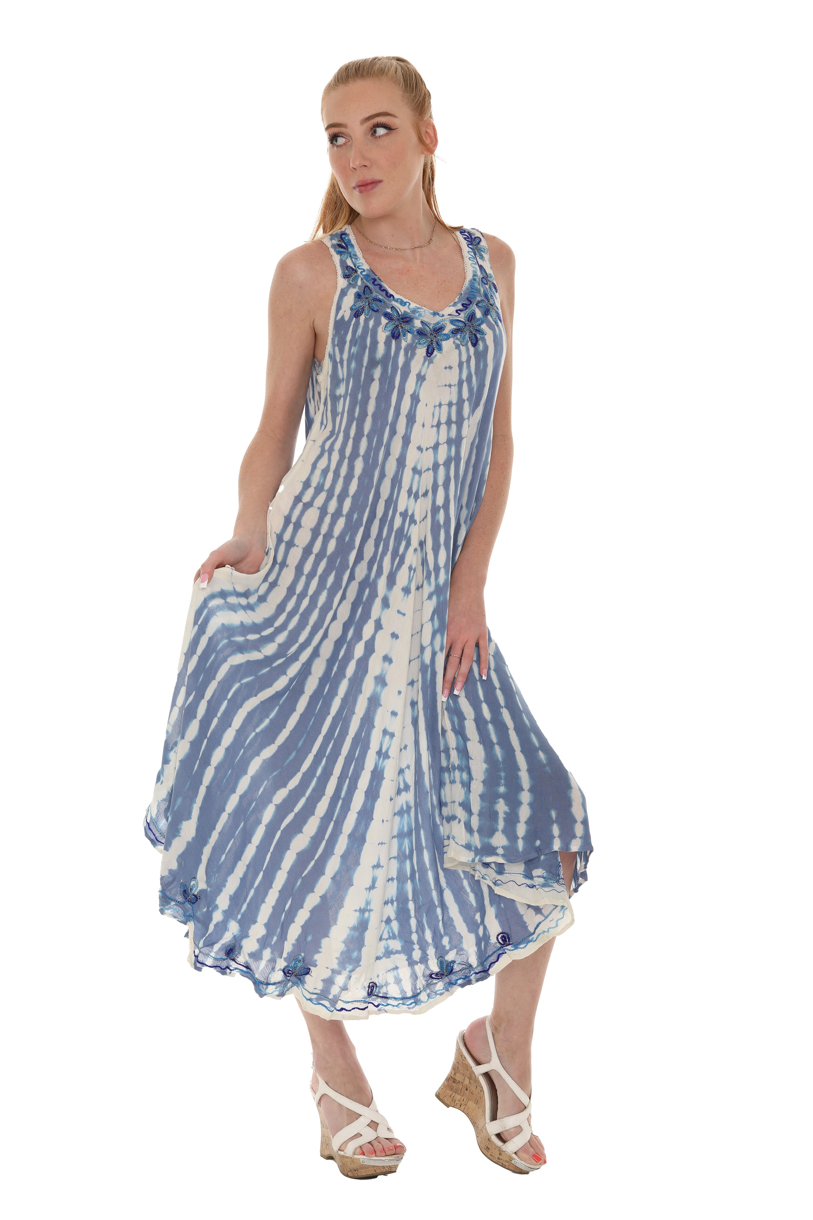 Tie-Dye With Embroidery Neckline Rayon Sundress - Shoreline Wear, Inc.