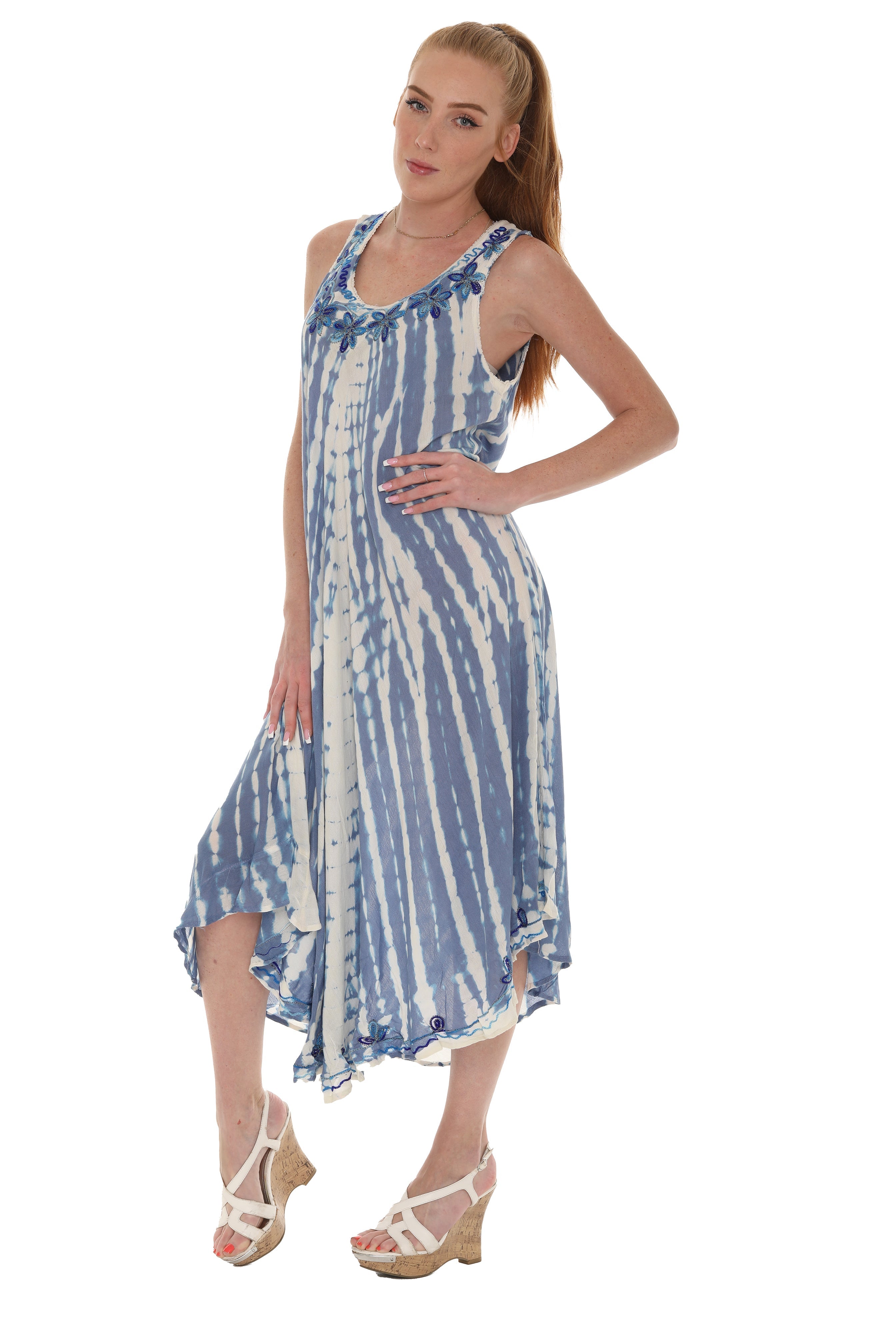 Tie-Dye With Embroidery Neckline Rayon Sundress - Shoreline Wear, Inc.