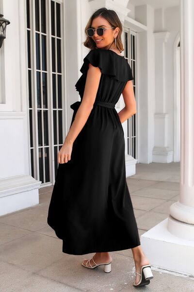 Ruffled Surplice Tie Waist Slit Midi Dress - Charming Charlie