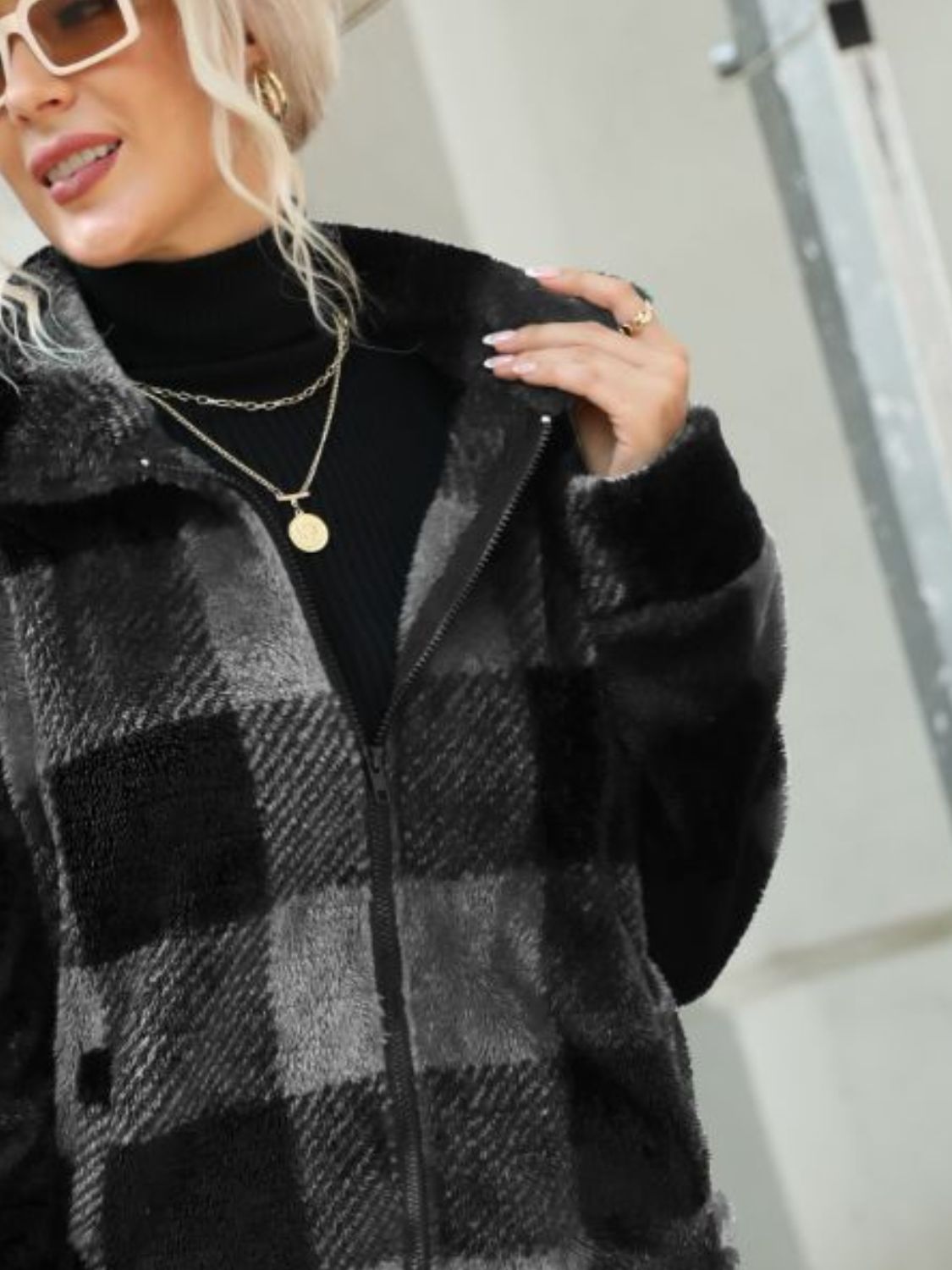 Plaid Zip-Up Collared Jacket - Charming Charlie