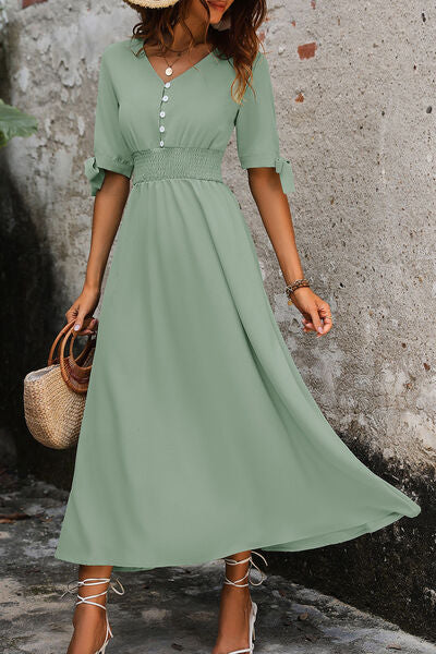 Smocked Quarter Button Short Sleeve Dress - Charming Charlie