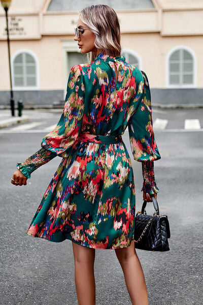 Printed Tie Waist Mock Neck Lantern Sleeve Dress - Charming Charlie