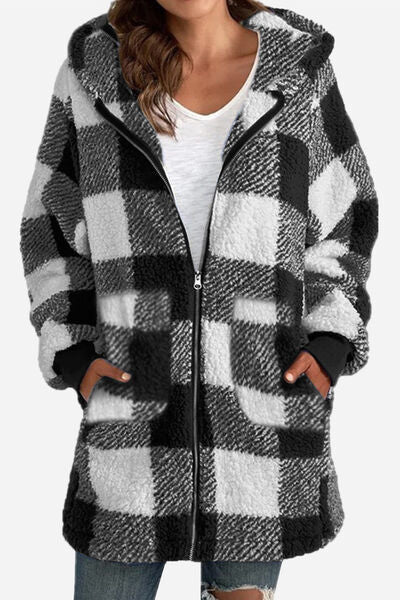 Double Take Full Size Plaid Long Sleeve Hooded Coat - Charming Charlie