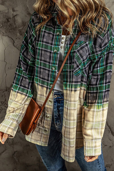 Contrast Plaid Button Up Long Sleeve Shacket - Charming Charlie