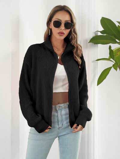 Turtleneck Zip Up Long Sleeve Knit Top - Charming Charlie