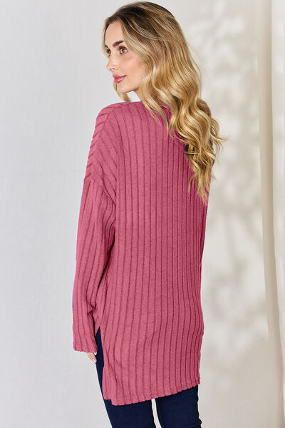 Basic Bae Full Size Ribbed Half Button Long Sleeve High-Low T-Shirt - Charming Charlie