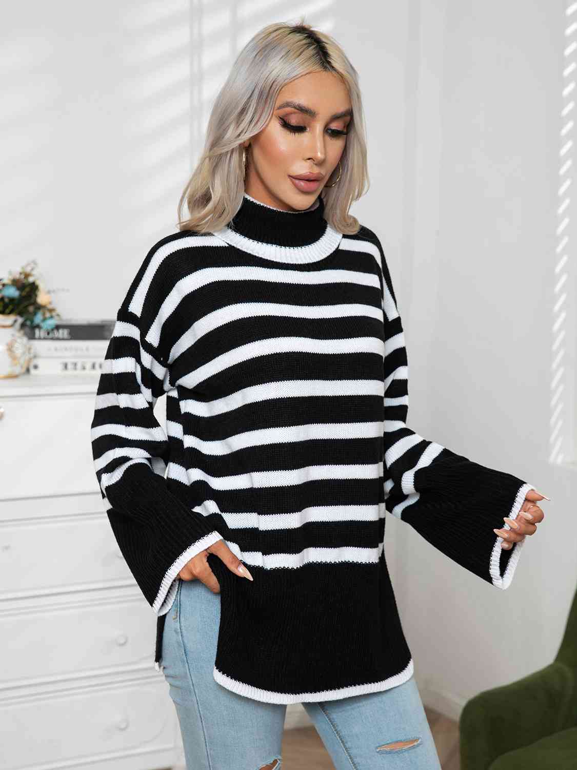 Striped Slit Turtleneck Drop Shoulder Sweater - Charming Charlie