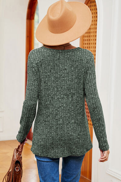 Eyelet Ribbed Round Neck Long Sleeve T-Shirt - Charming Charlie