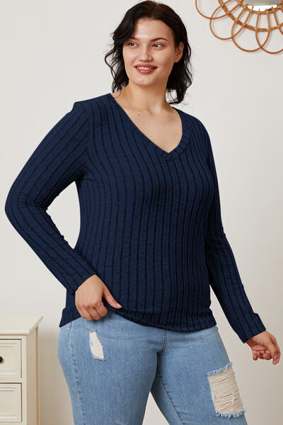 Basic Bae Full Size Ribbed V-Neck Long Sleeve T-Shirt - Charming Charlie