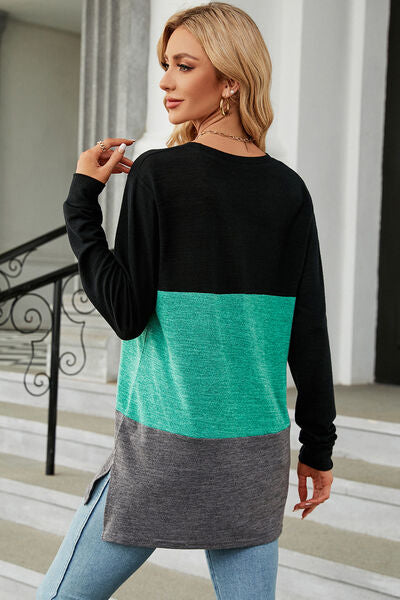Color Block Round Neck Long Sleeve T-Shirt - Charming Charlie
