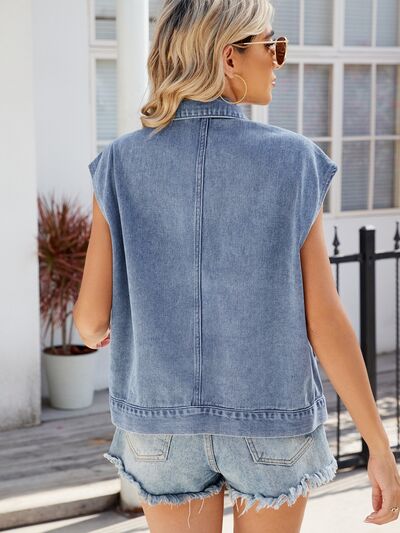 Pocketed Button Up Sleeveless Denim Jacket - Charming Charlie