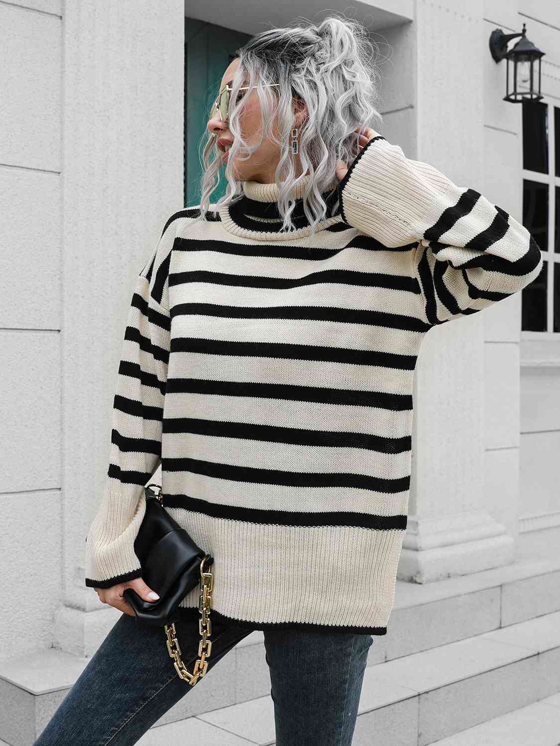 Striped Slit Turtleneck Drop Shoulder Sweater - Charming Charlie