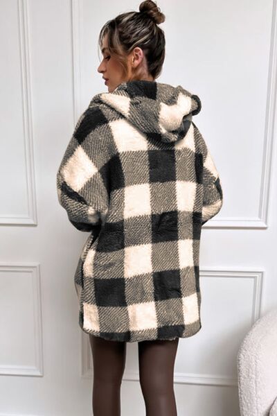 Double Take Full Size Plaid Long Sleeve Hooded Coat - Charming Charlie