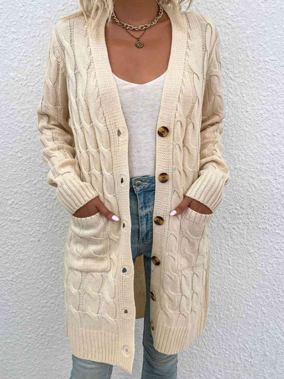Cable-Knit Button Down Cardigan with Pockets - Charming Charlie