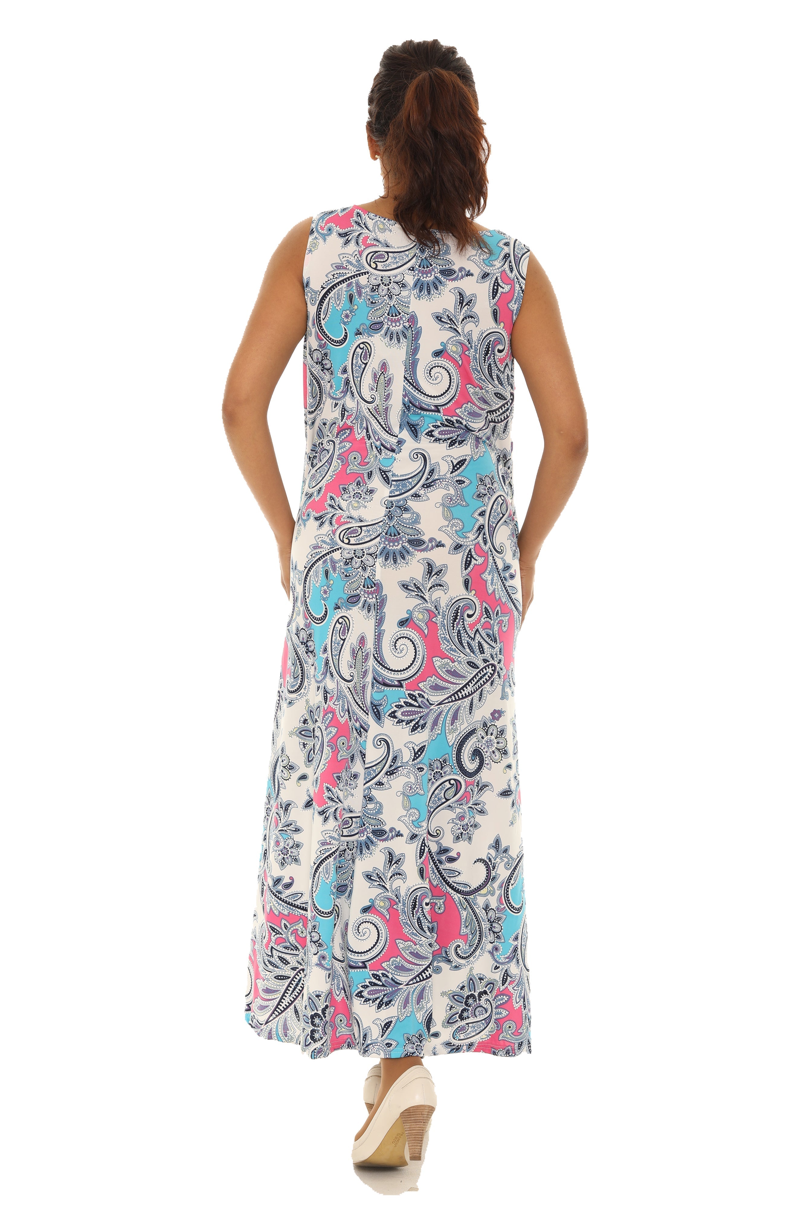 Paisley Floral Puff Print Sleeveless Maxi Dress - Shoreline Wear, Inc.