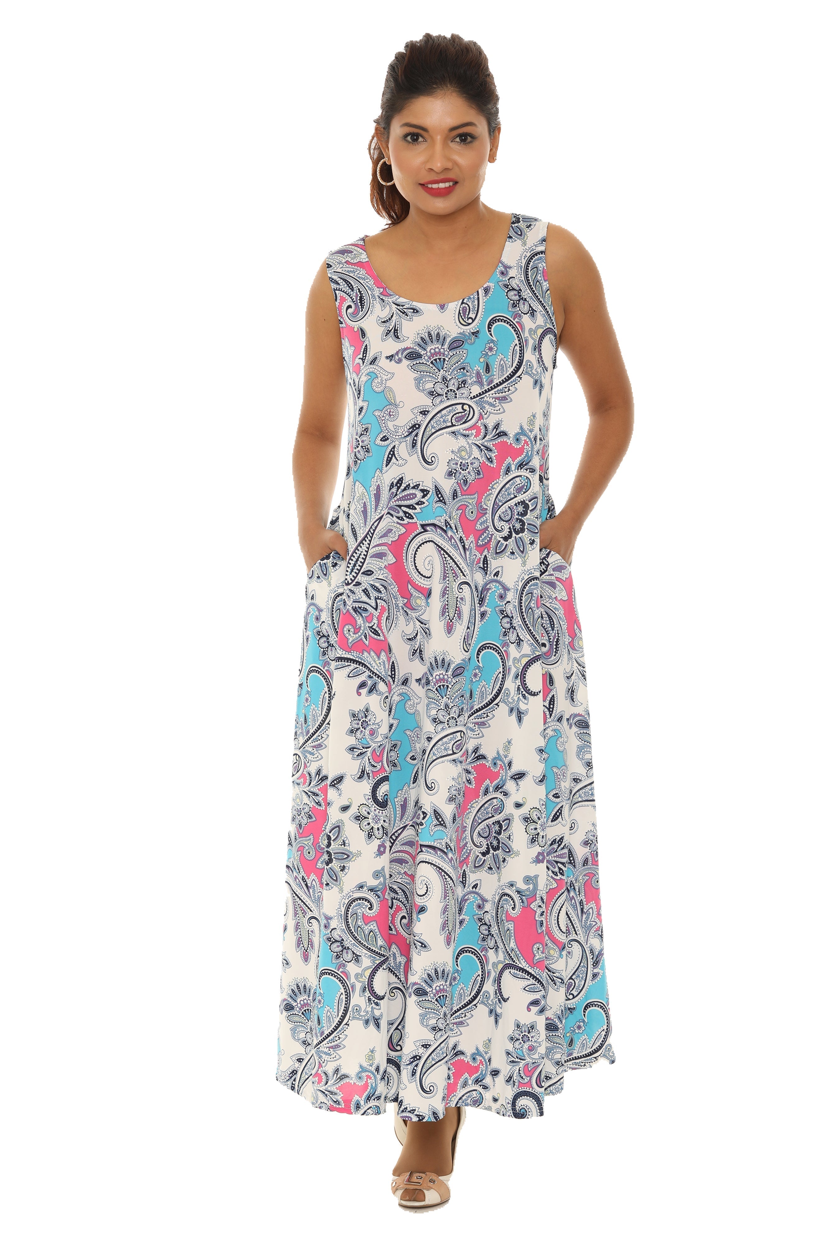 Paisley Floral Puff Print Sleeveless Maxi Dress - Shoreline Wear, Inc.