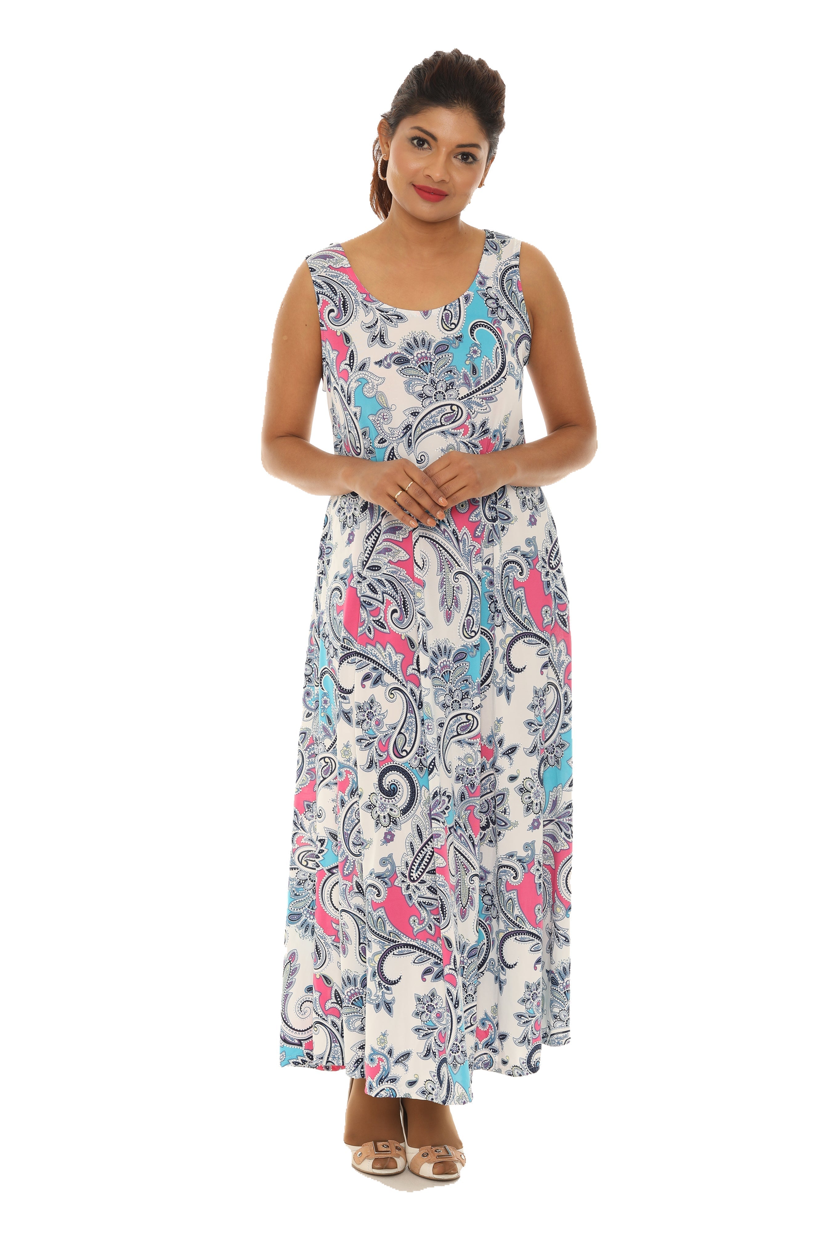 Paisley Floral Puff Print Sleeveless Maxi Dress - Shoreline Wear, Inc.