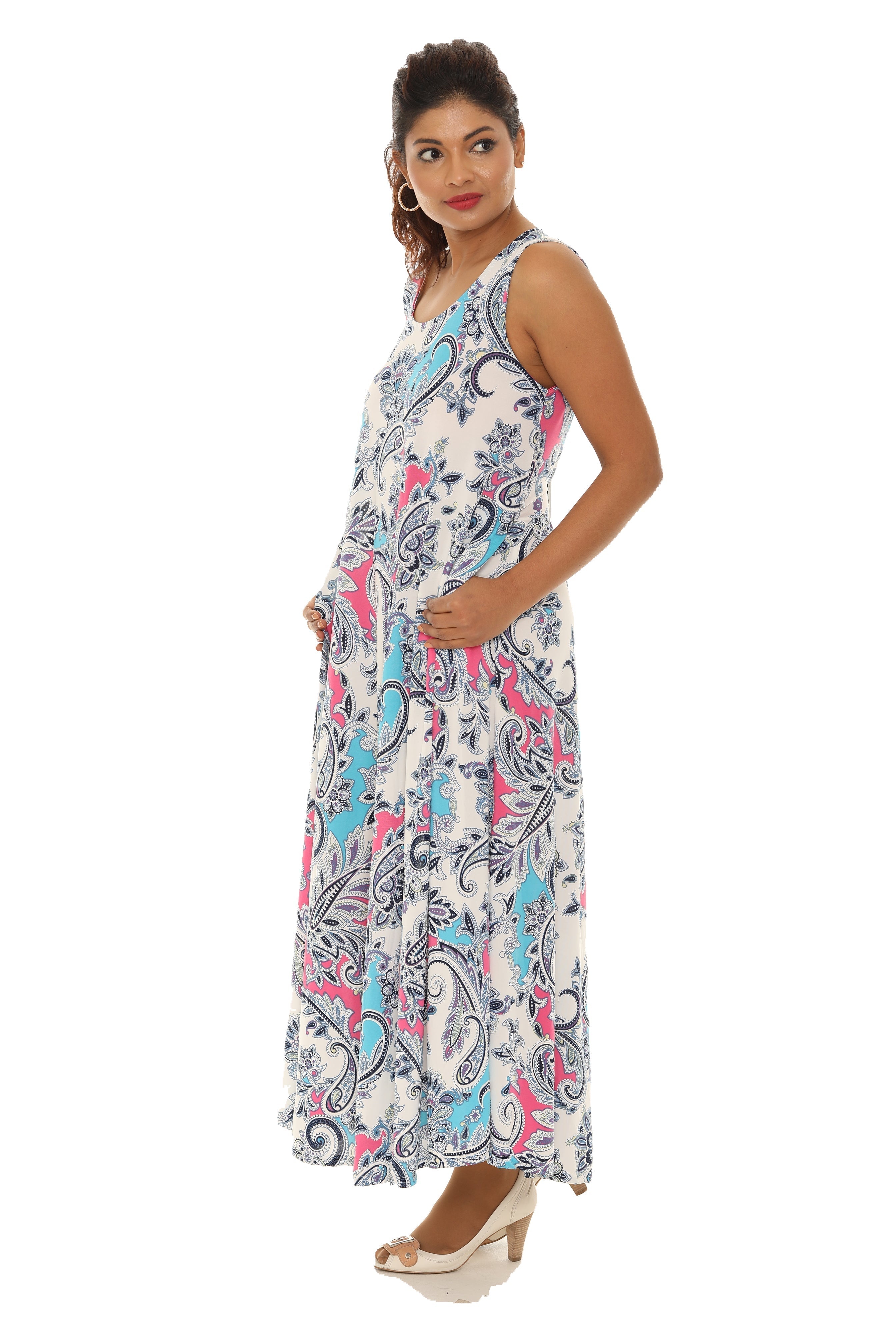 Paisley Floral Puff Print Sleeveless Maxi Dress - Shoreline Wear, Inc.