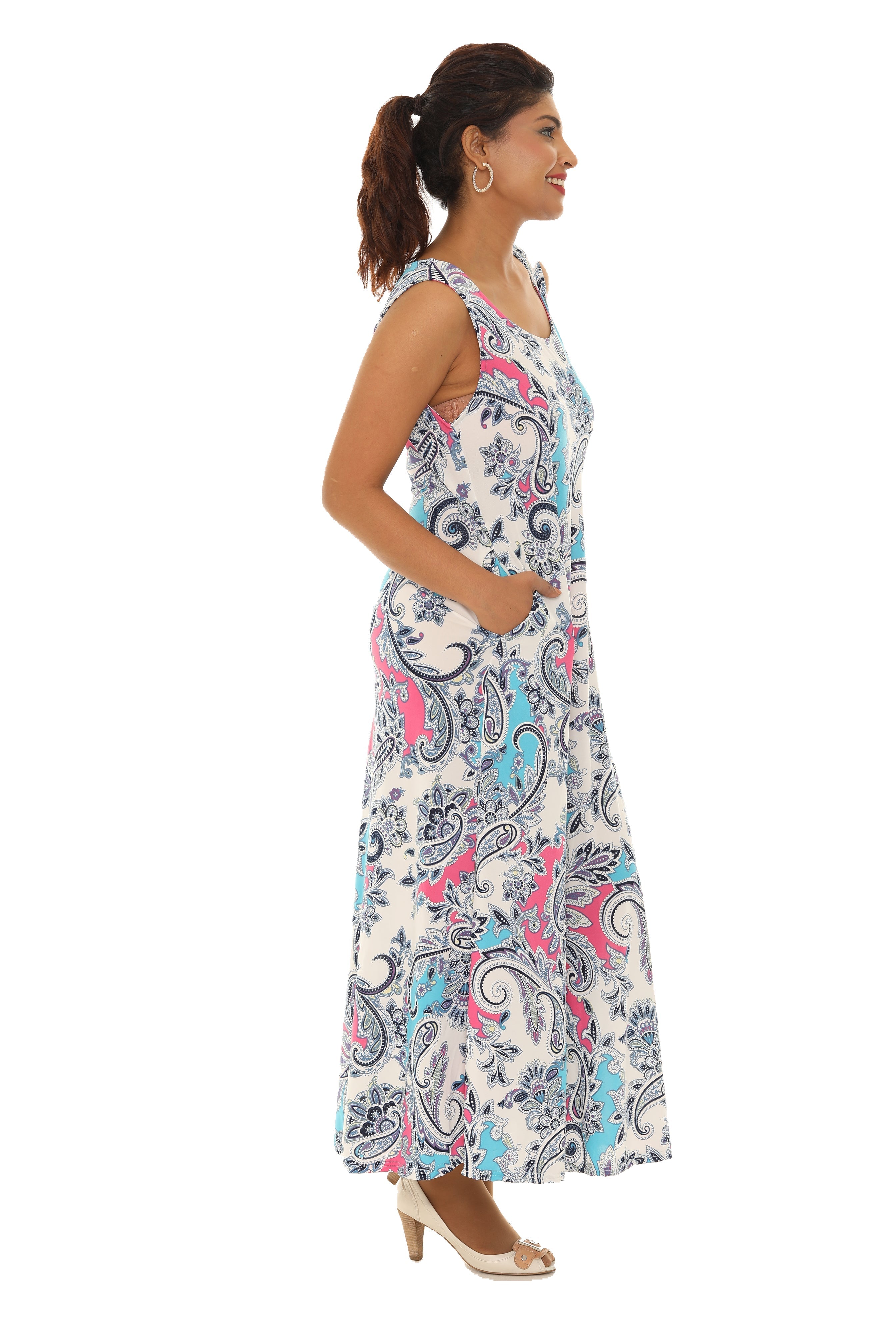 Paisley Floral Puff Print Sleeveless Maxi Dress - Shoreline Wear, Inc.
