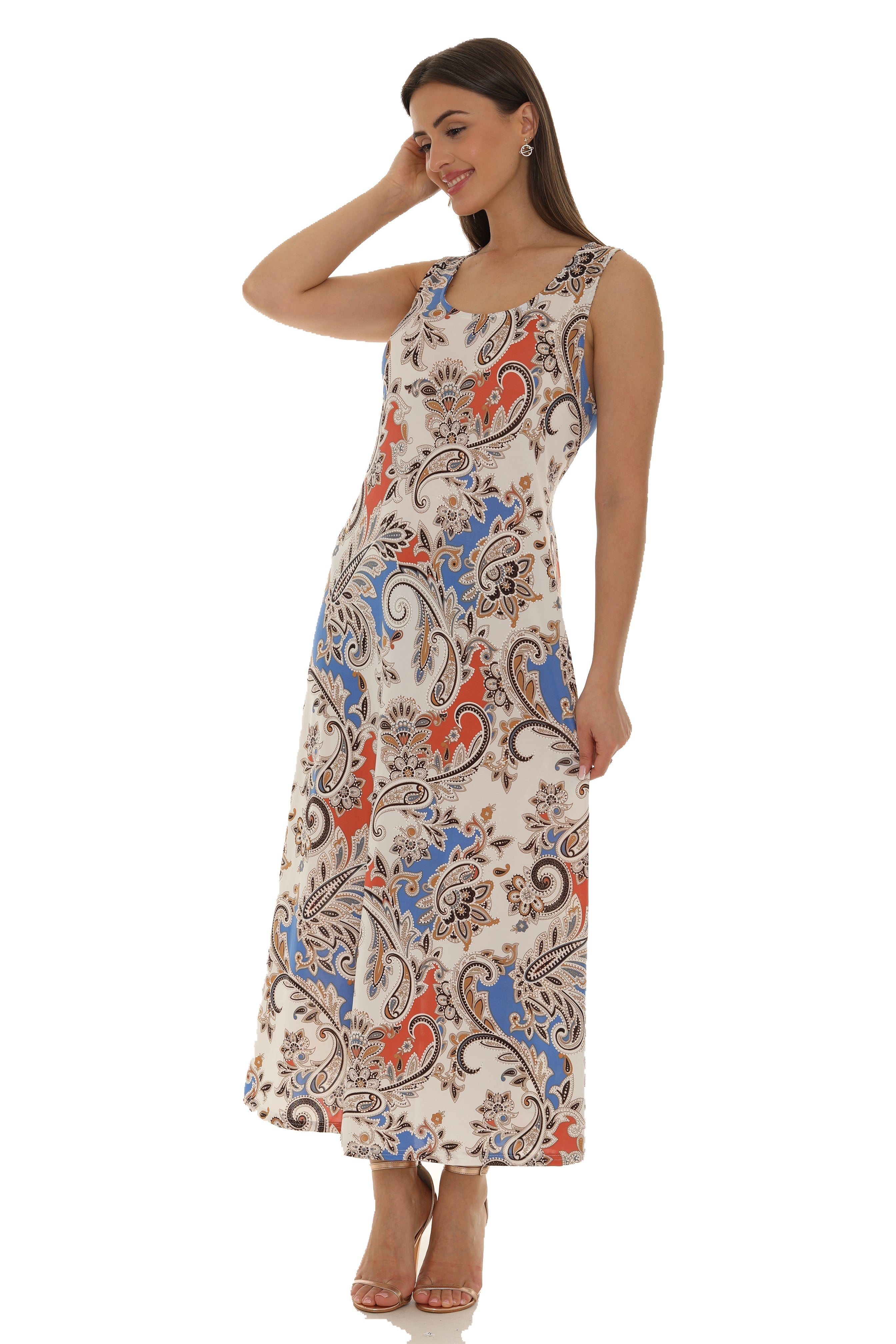 Paisley Floral Puff Print Sleeveless Maxi Dress - Shoreline Wear, Inc.