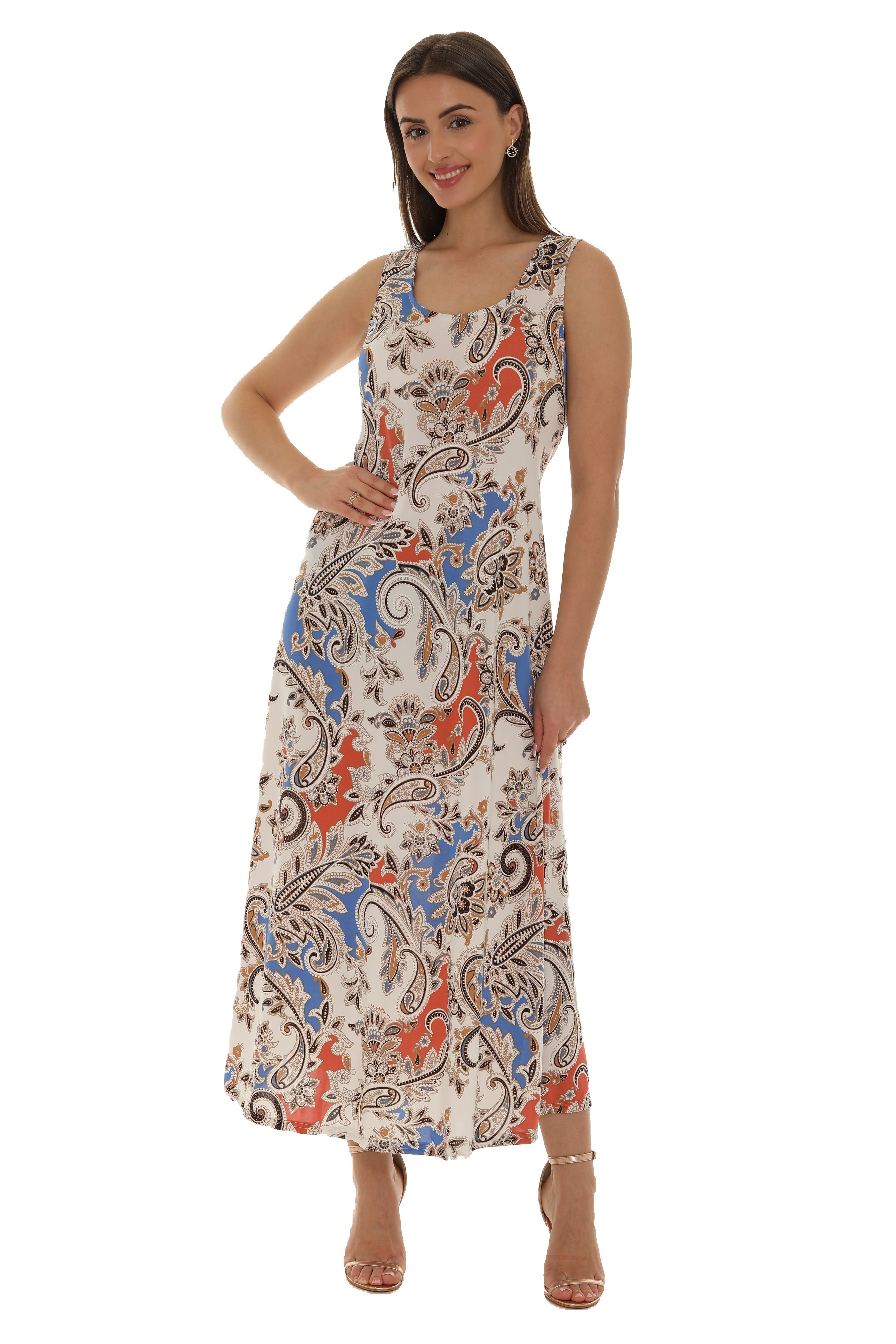 Paisley Floral Puff Print Sleeveless Maxi Dress - Shoreline Wear, Inc.